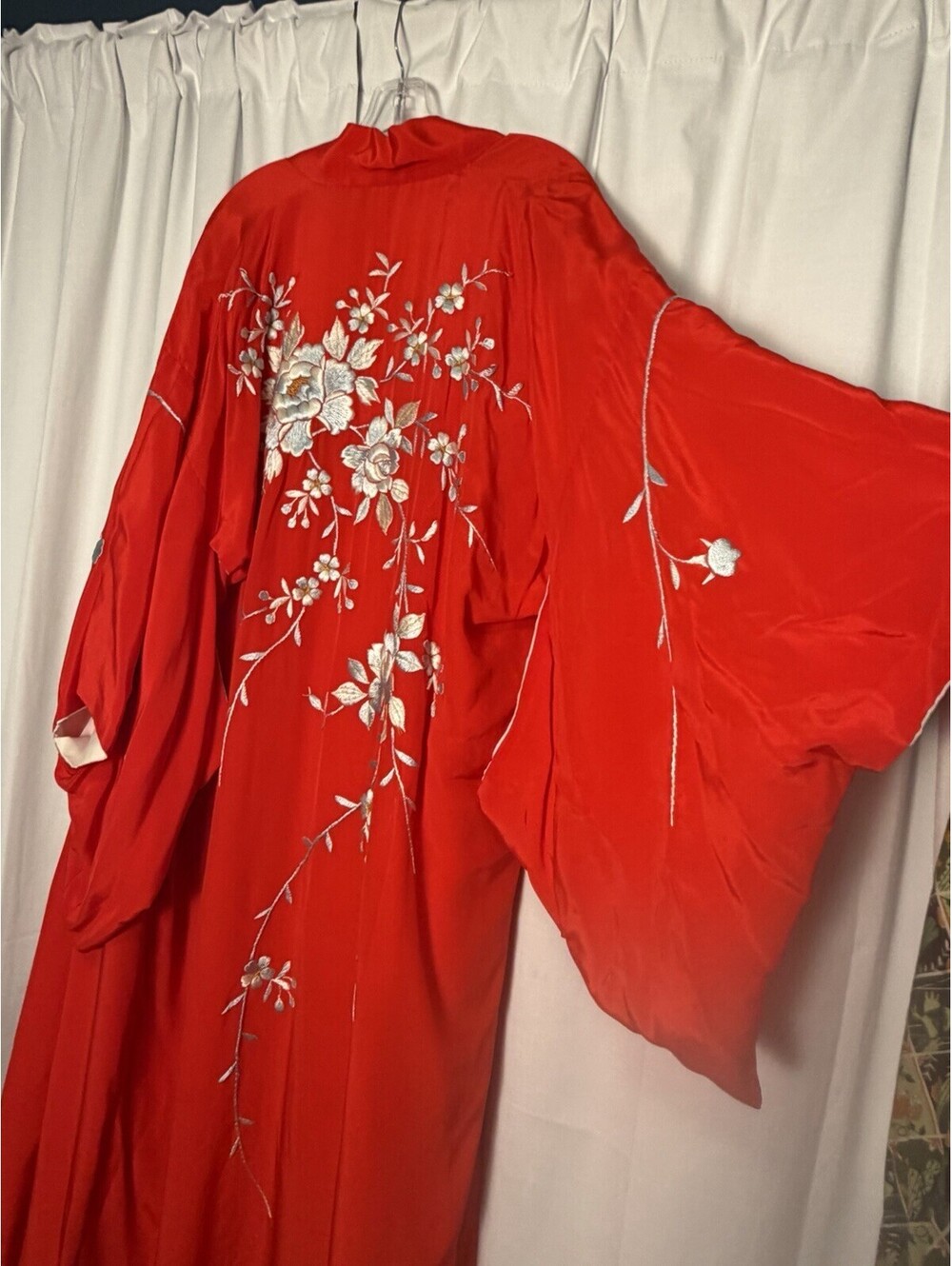Vintage 70s Made In Japan Red Floral Satin Embroidered Midi Boho Kimono Robe